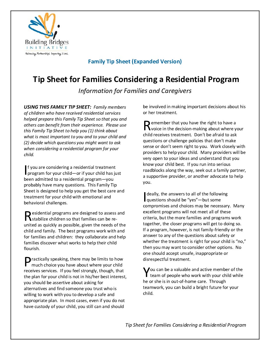 A Tip Sheet for Families Considering Residential Program - expanded version