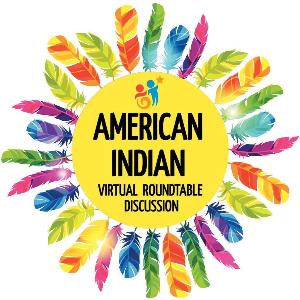 Círculo amarillo con plumas de colores alrededor. El texto en el círculo dice &quot;Mesa redonda virtual de indios americanos&quot;