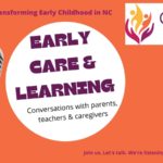 Microphone on orange back ground and text bubble with "Early Care & Learning"