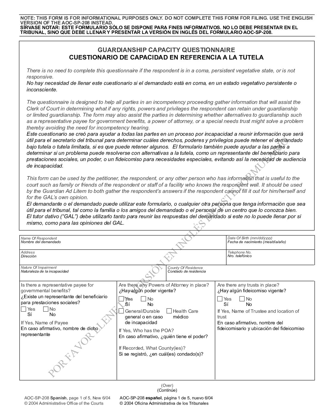 CUESTIONARIO DE CAPACIDAD EN REFERENCIA A LA TUTELA