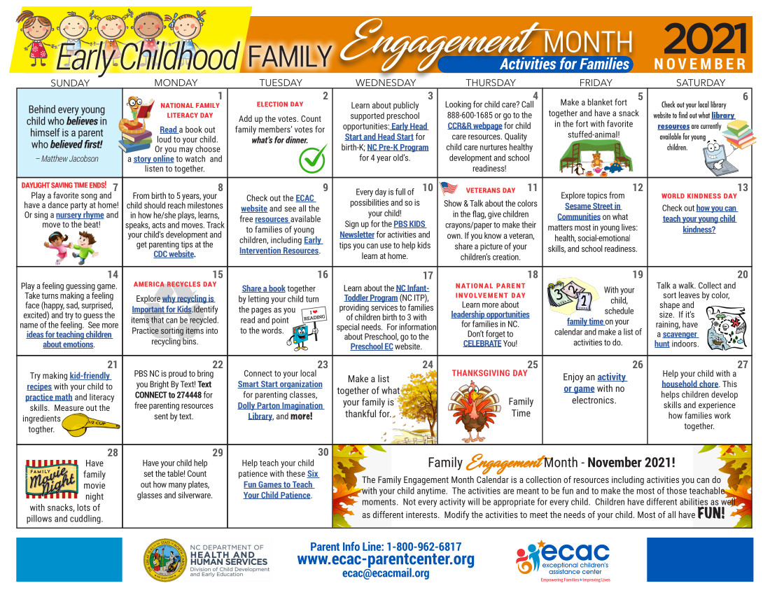 Early Childhood Family Engagement Month Calendar