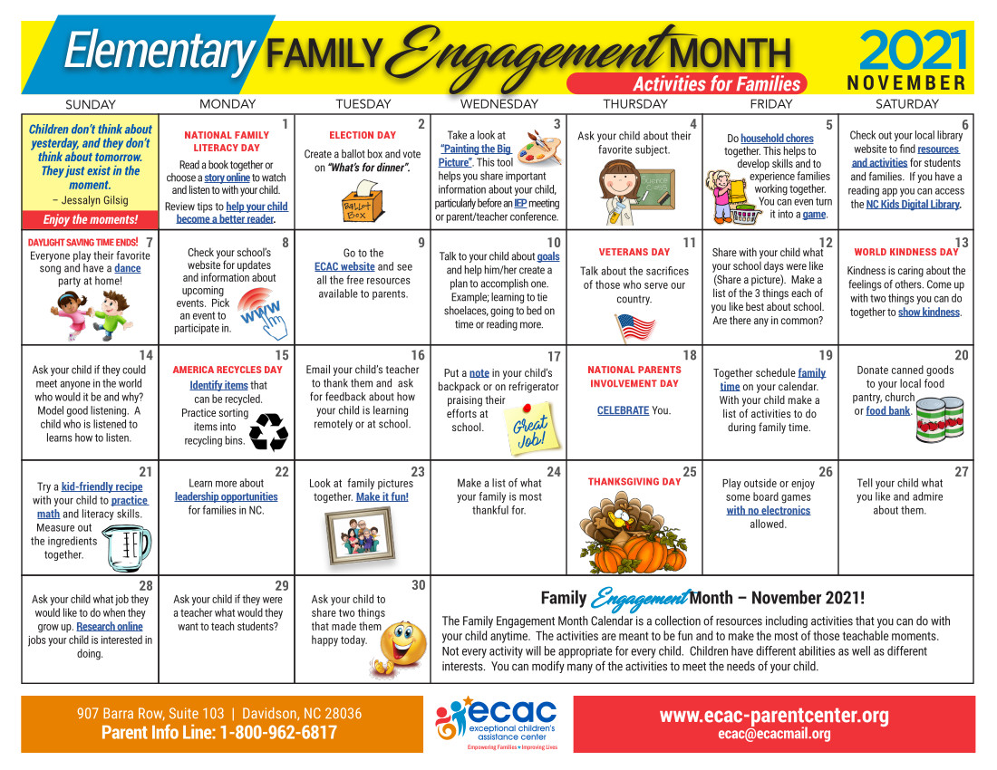 Family Engagement Month Calendar for Elementary families