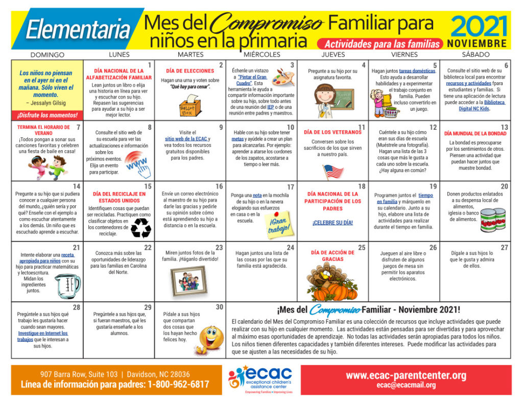 elementary family engagement calendar in spanish