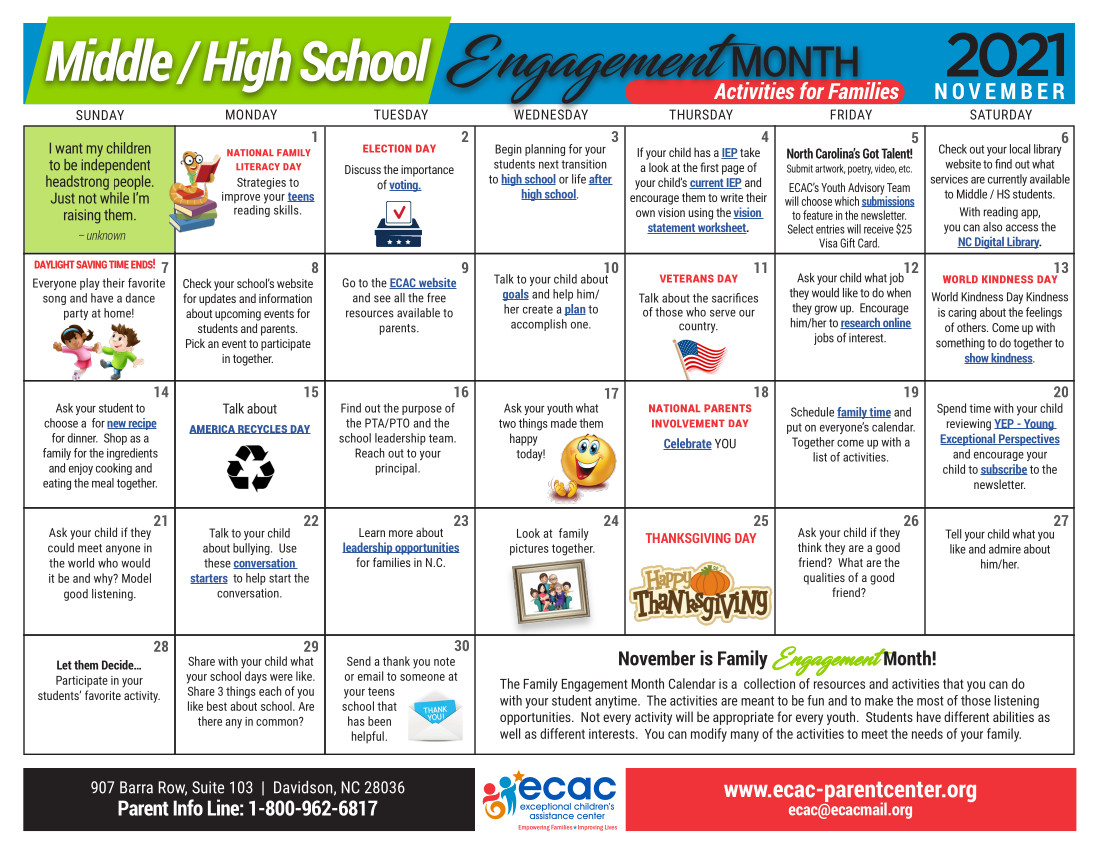 Family Engagement Month Activities Calendar For Middle High School 