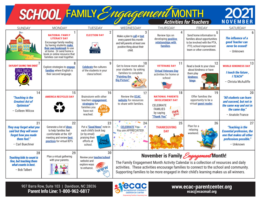 Family Engagement Month Calendar for teachers and schools