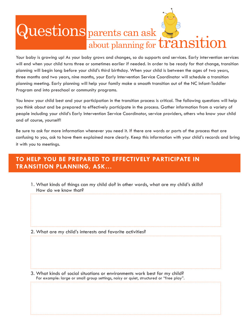 First page of Questions Parents Can Ask about transition to preschool