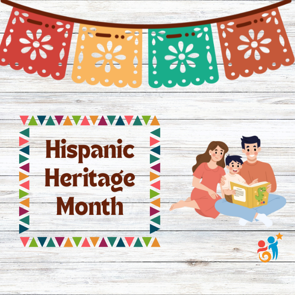 A cartoon family reading a book together and the words Hispanic Heritage Month