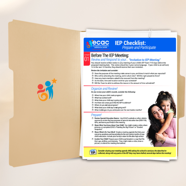 A brown folder with a document inside. The document is the ECAC IEP Check List