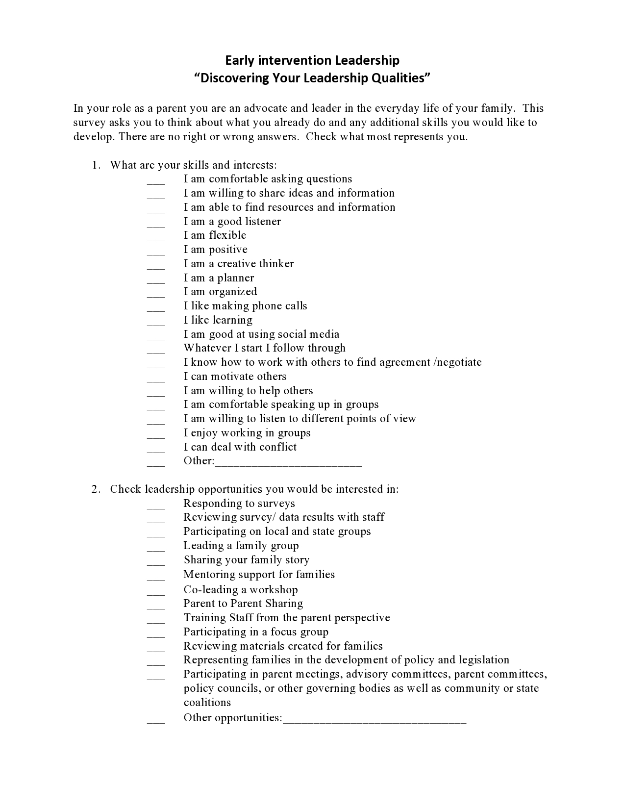 first page of the Early Intervention Leadership Assessment