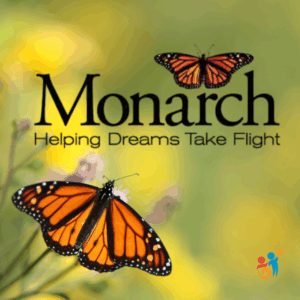 Orange butterfly with the logo for Monarch - Helping Dreams Take Flight