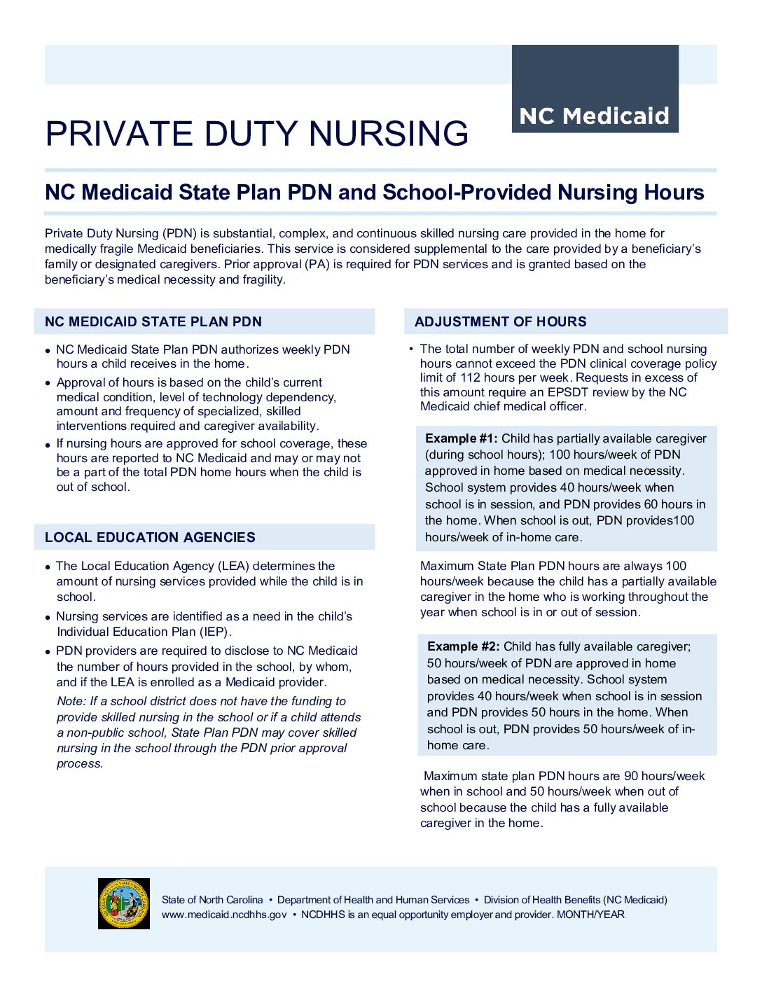 NC Medicaid PDN and School Provided Nursing Hours