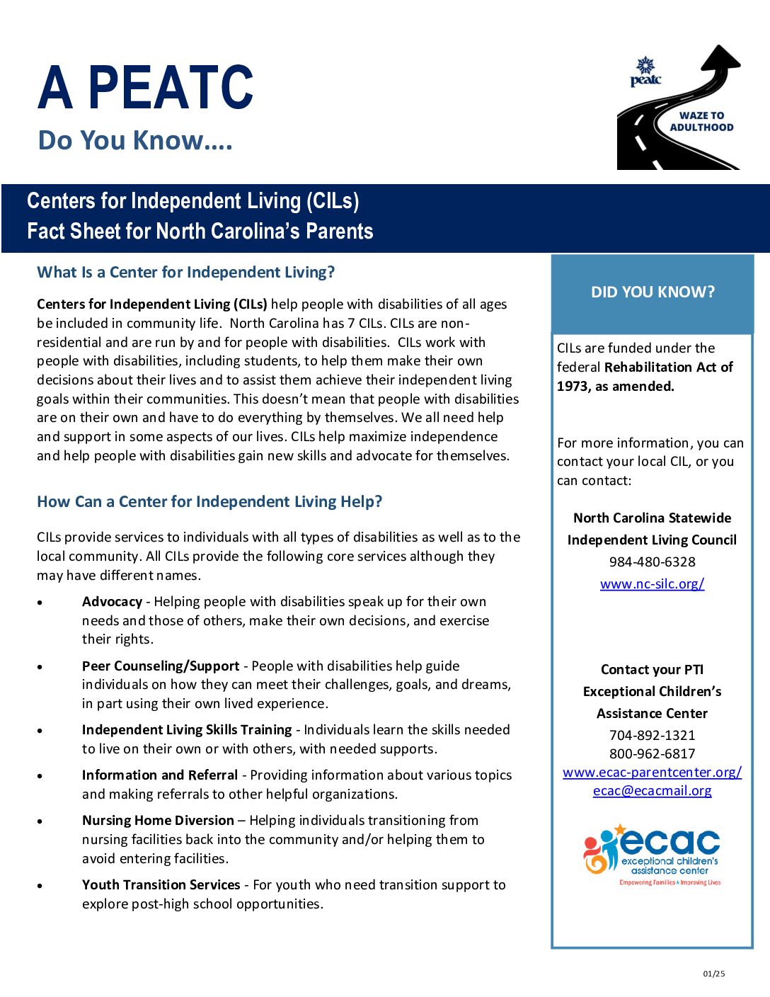 North Carolina Centers for Independent Living - Parent Fact Sheet - DRAFT