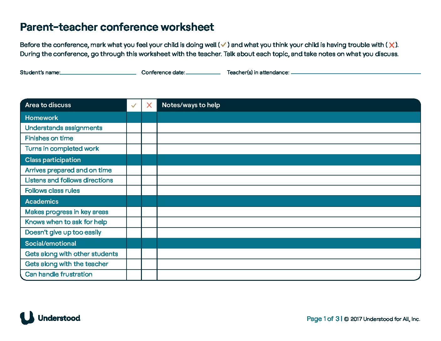 Feuille de travail pour la conférence parents-enseignants_compris