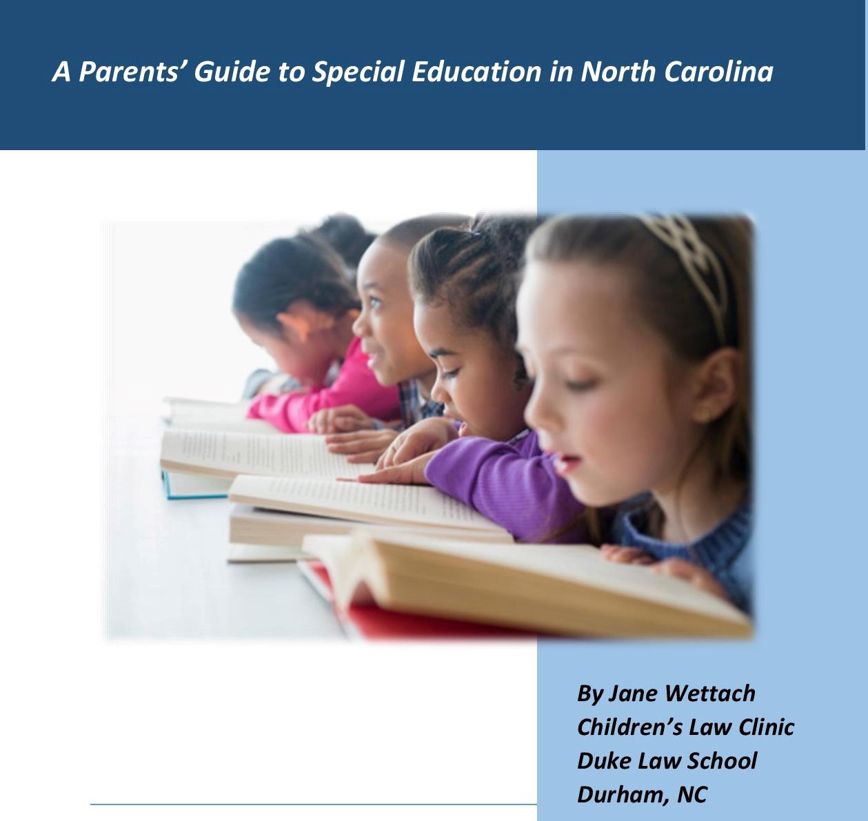Image d'enfants lisant avec un texte qui dit A Parents' Guide to Special Education in North Carolina