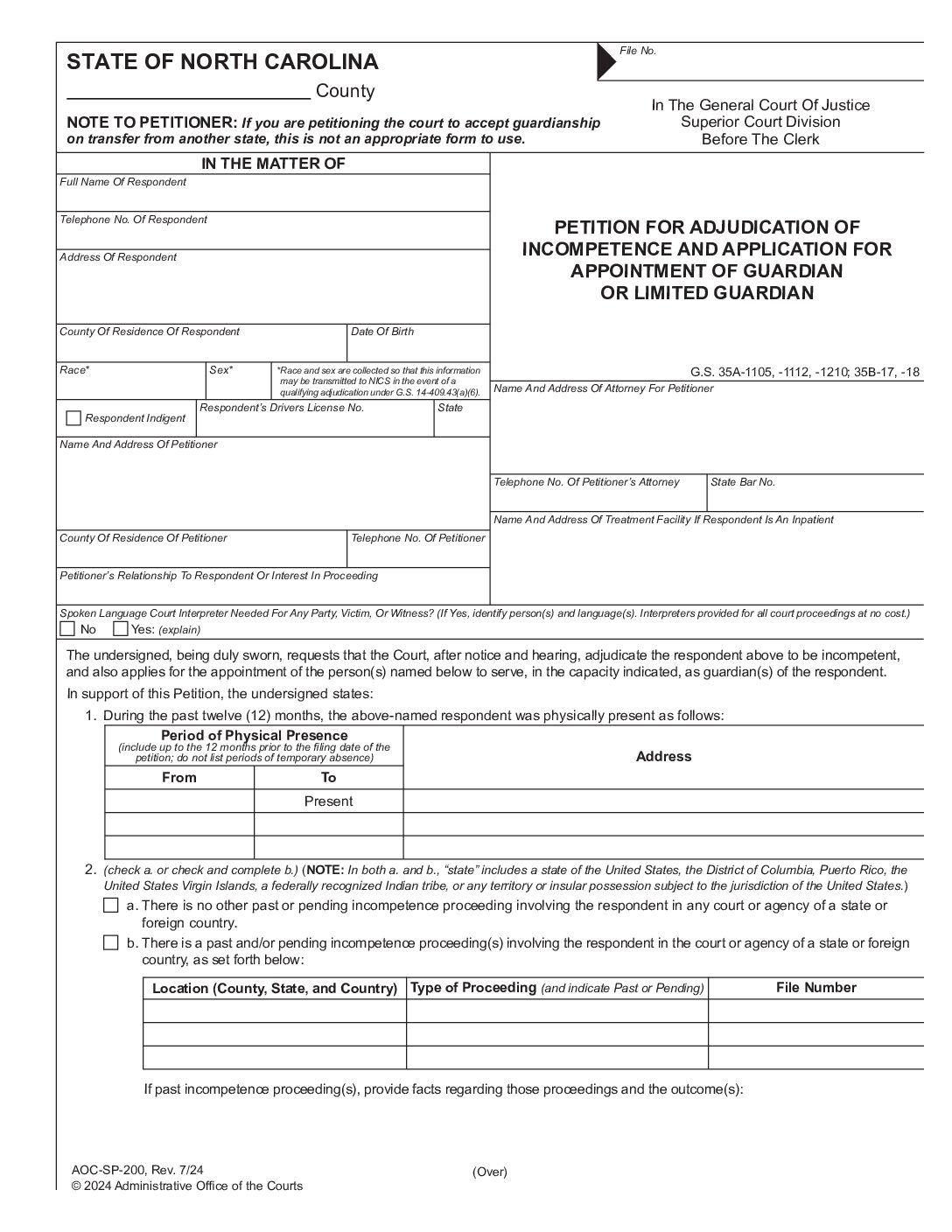 Petition for Adjudication of Incompetence and Application for Appointment of Guardian