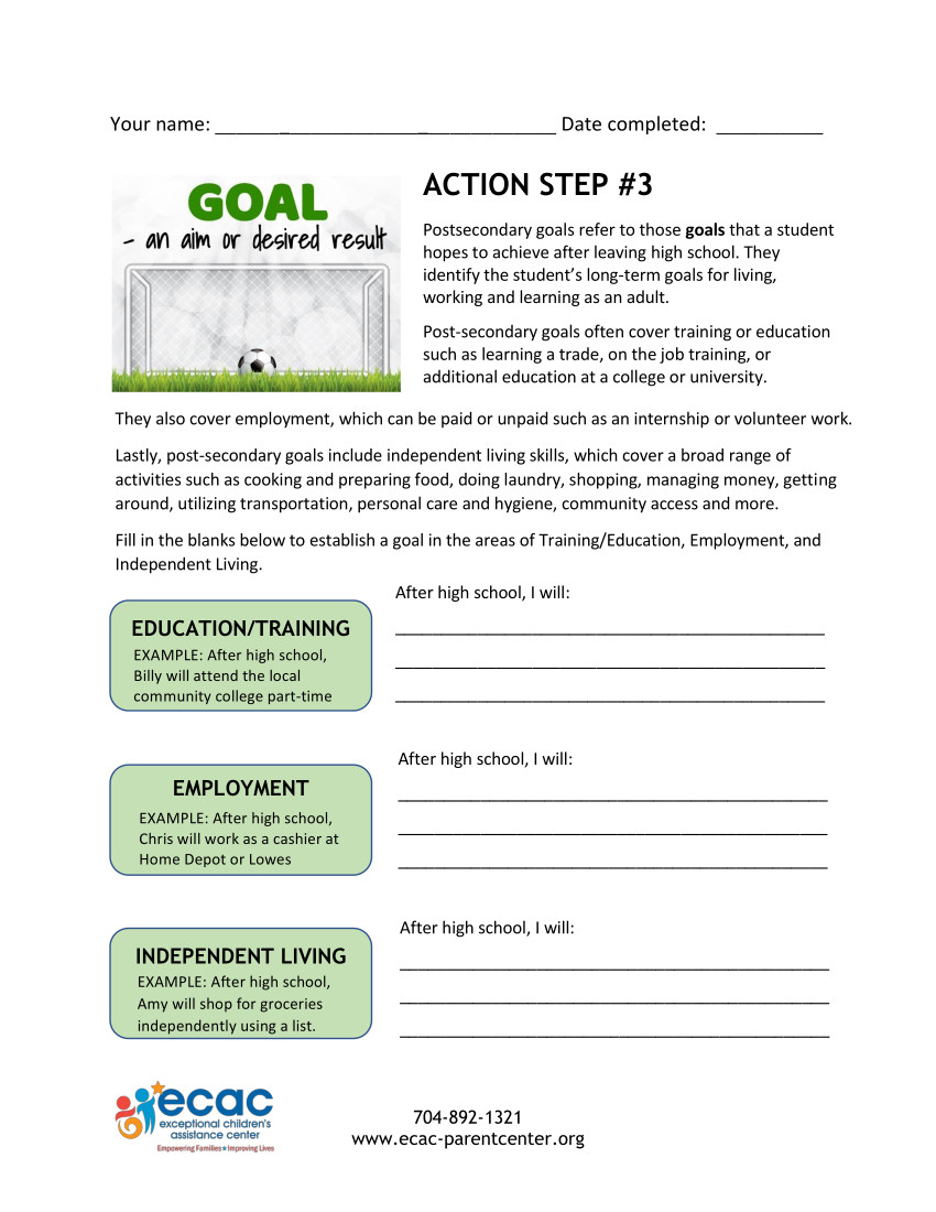 Image of the Post Secondary Goal Action Step 3 worksheet