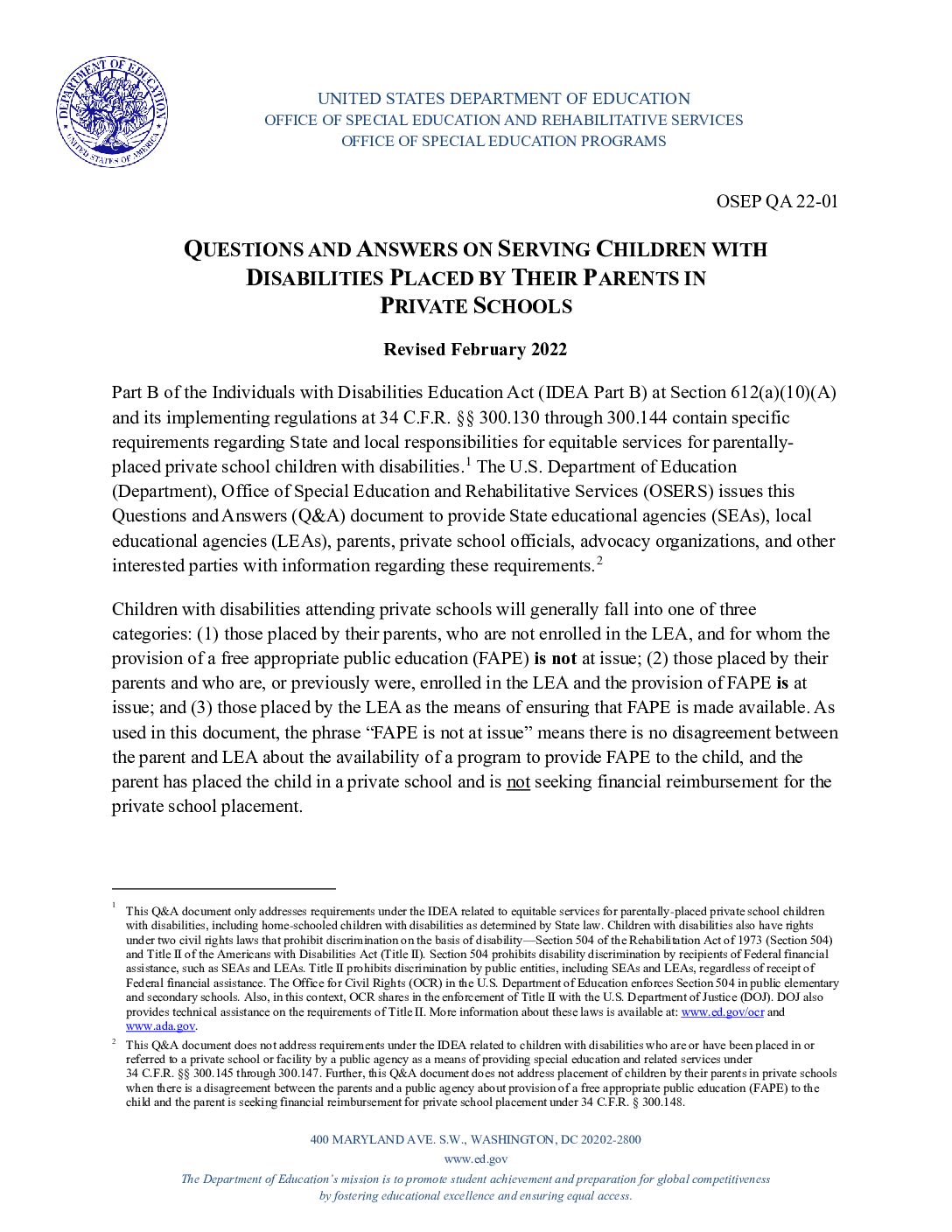 Questions and Answers on Serving Children with Disabilities Placed by Their Parents in Private Schools (PDF)