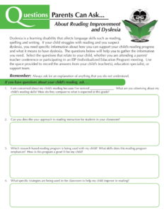 First page of Questions Parents Can Ask About Reading Improvement and Dyslexia Document