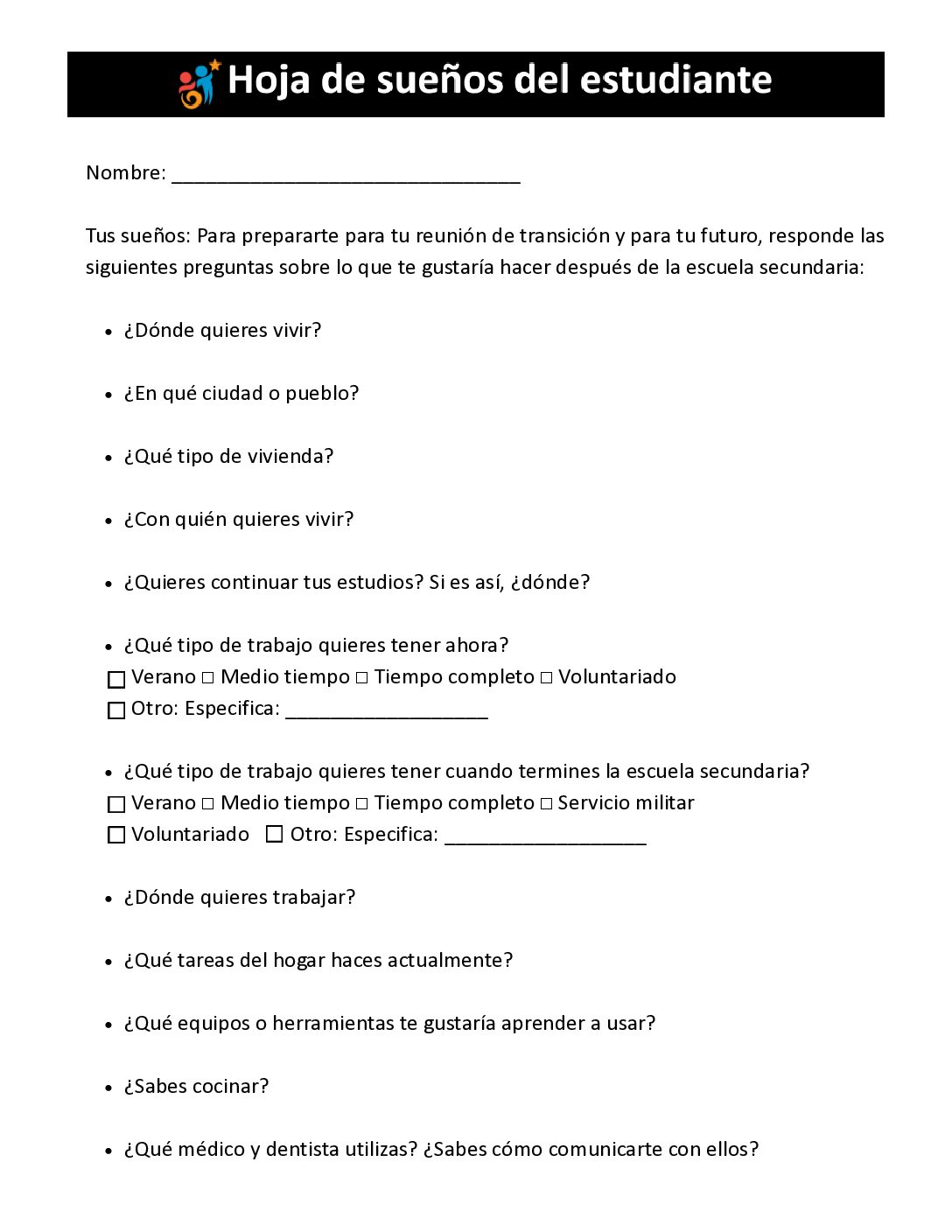 Student Dream Sheet - Spanish