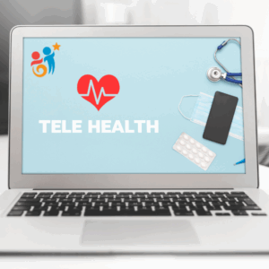 Laptop computer with the words "Telehealth" on it with a red heart