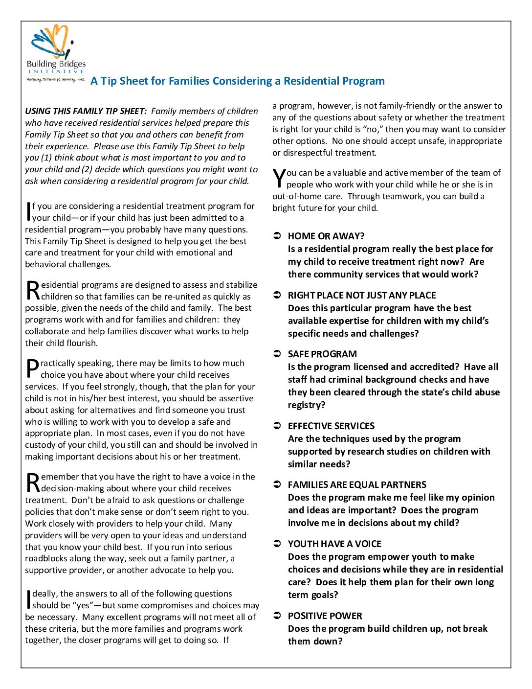 Tip Sheet for Families Considering a Residential Program - short version