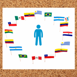 Flags of different countries lined up to make a circle. Inside the circle is a figure of a person