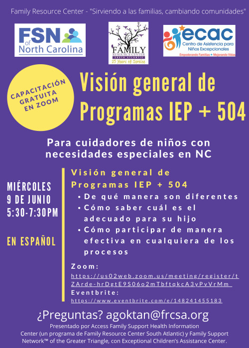 Purple flyer for Visión general de Programas IEP + 504