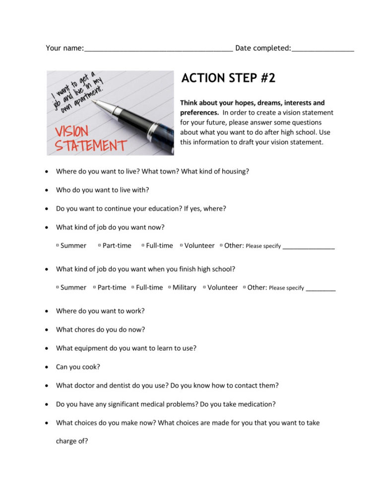 Developing A Vision Statement Worksheet