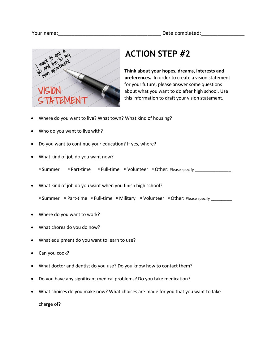 image of the first page of the vision statement worksheet