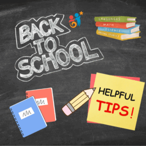 Black background with books and pencil and words saying Back to School Helpful Tips