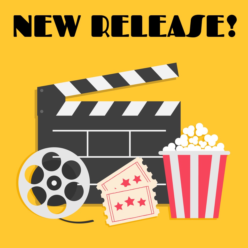 Image of a clapperboard, video reel, movie tickets and popcorn with text that reads New Release!