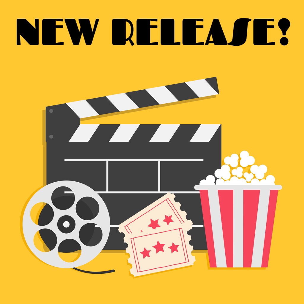 Bild einer Klappe, einer Videorolle, Kinokarten und Popcorn mit dem Text "New Release!