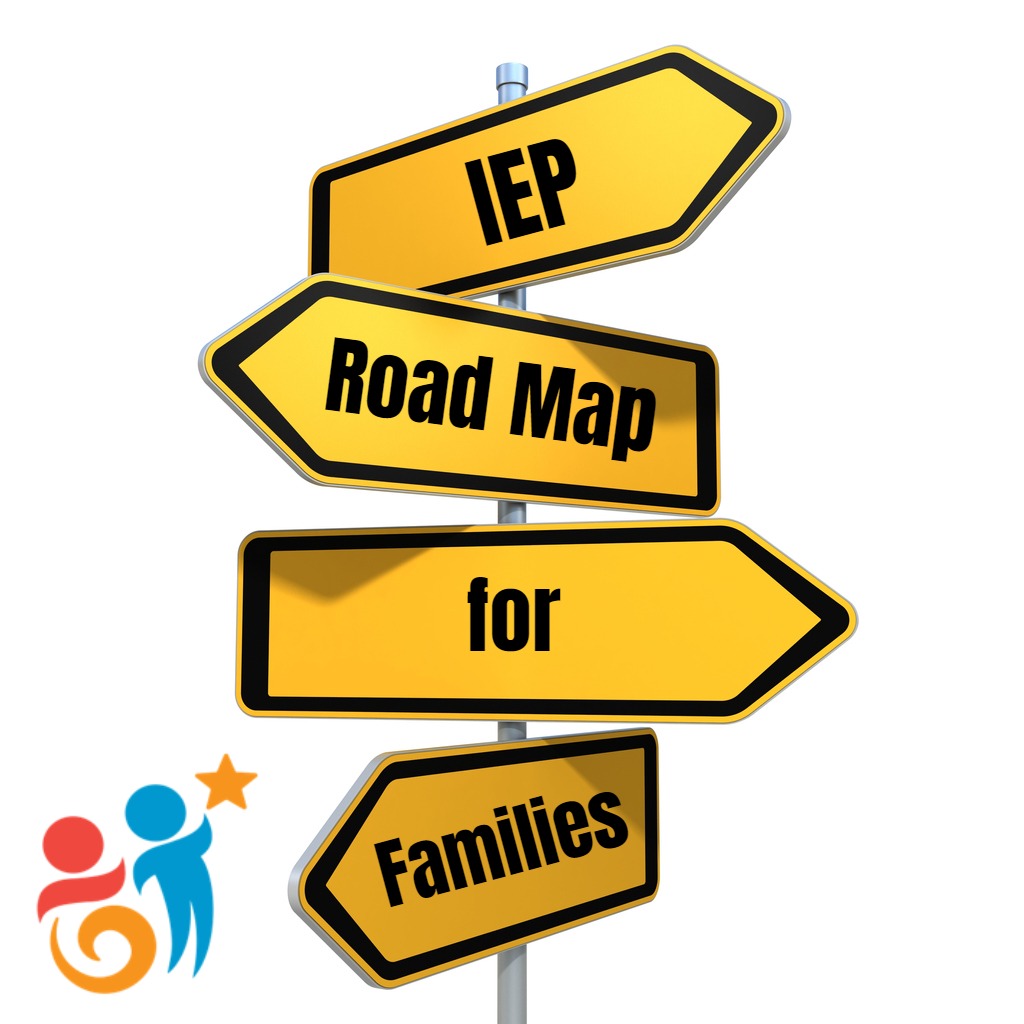 Señales de carretera que dicen Mapa de carreteras para familias del IEP con el logo de la ECCA