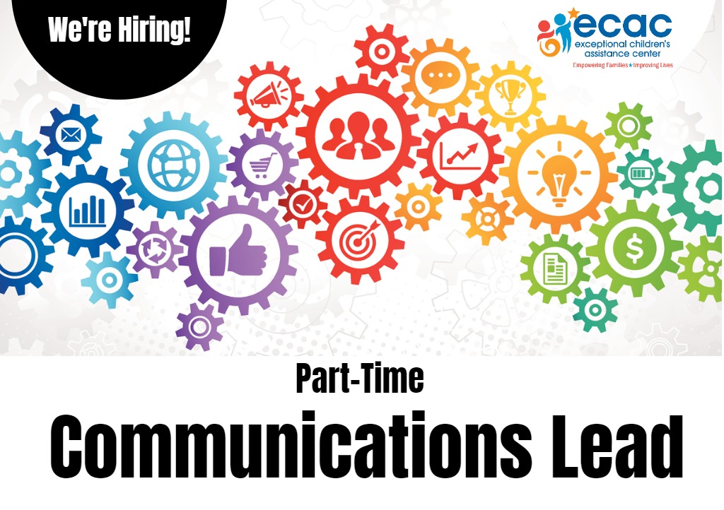 image d'engrenages colorés et les mots "now hiring part time communications lead" (recrutement d'un responsable des communications à temps partiel)
