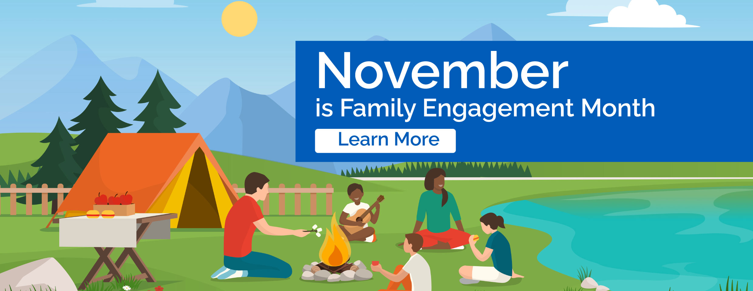 November is family engagement month. Learn more. Family sitting around campfire