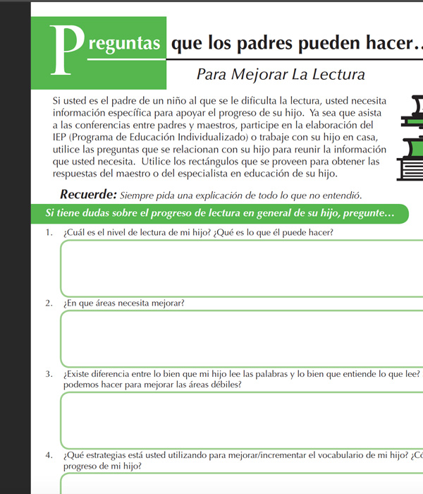 مصغر الموارد - أسئلة يمكن للوالدين طرحها حول القراءة - الإسبانية