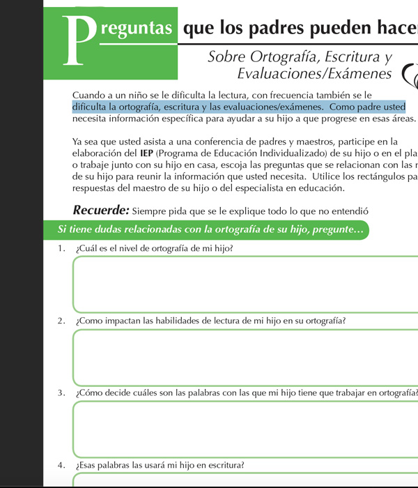 مصغرات الموارد - أسئلة حول التهجئة والكتابة والاختبار -Spanish
