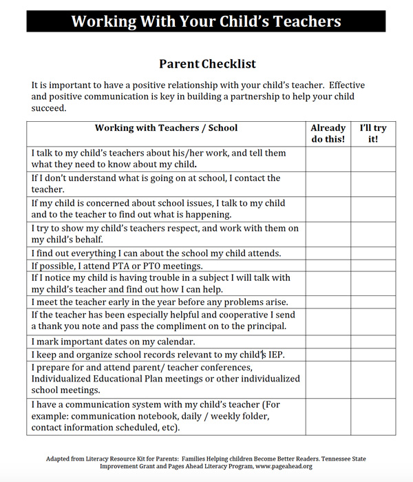 Image of Paren Checklist, Working With Your Child's Teachers