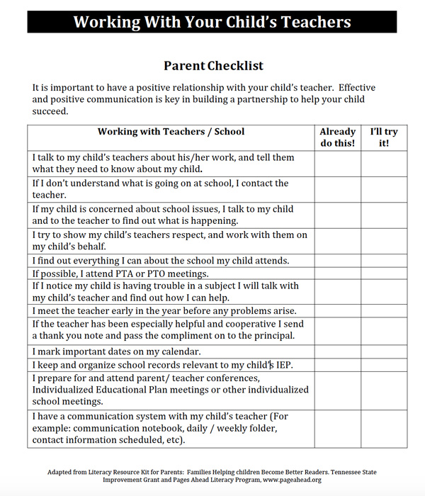 Liste de contrôle de l&#039;image des parents, travailler avec les enseignants de votre enfant