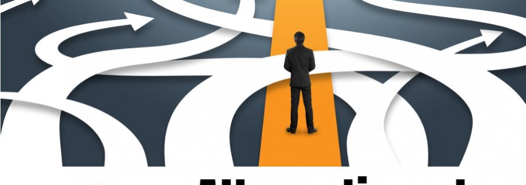 Human figure standing on yellow pathway in the midst of white arrows flowing in multiple directions