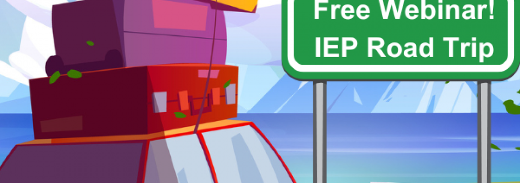 Car on the road with a sign for the free webinar - IEP Road Trip