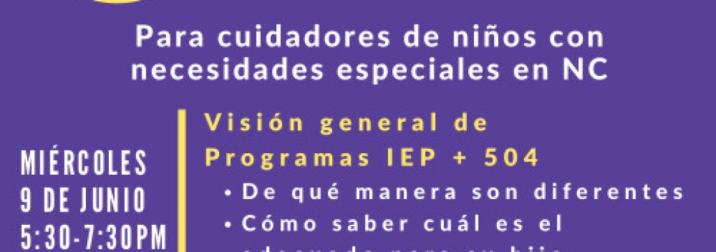 Purple flyer for Visión general de Programas IEP + 504