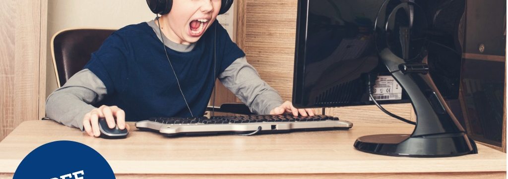 男孩對電腦大喊大叫的圖像與 gtext 閱讀免費網路研討會管理虛擬學習期間具有挑戰性的行為