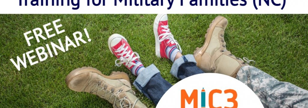 Image of adult size military dressed legs and boots with child's legs and shoes in between as if a child is sitting on their military parents' lap. Text that reads Compact 101 Training for Military Families and the MIC3 logo in the corner.