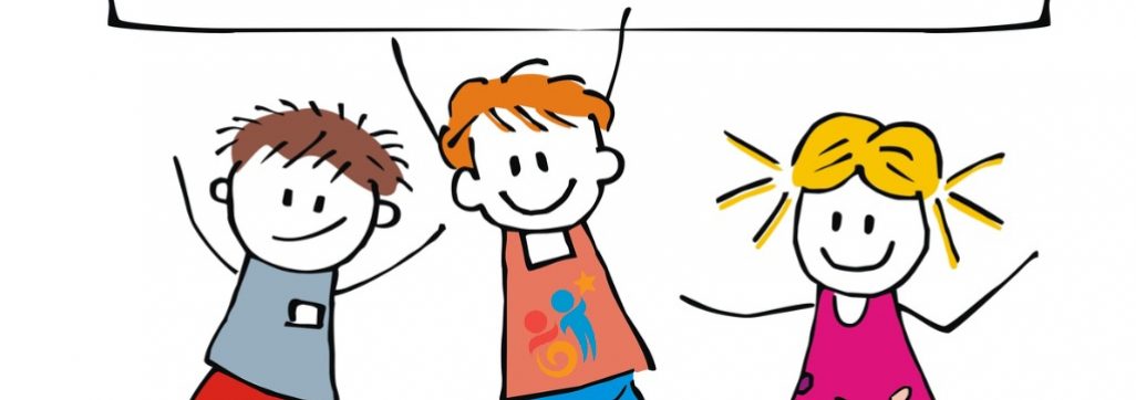 imagen de 3 niños de dibujos animados sosteniendo un cartel que dice Supporting Families in Early Childhood Transition (Apoyo a las familias en la transición a la primera infancia)