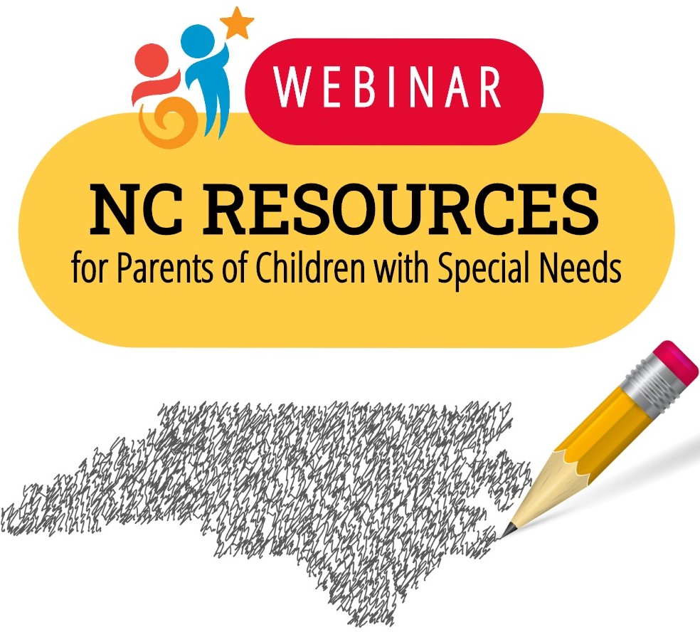 北卡羅來納州鉛筆塗鴉素描的圖像， 文字上寫著 Webinar， Nc 資源， 適合有特殊需要的兒童的父母