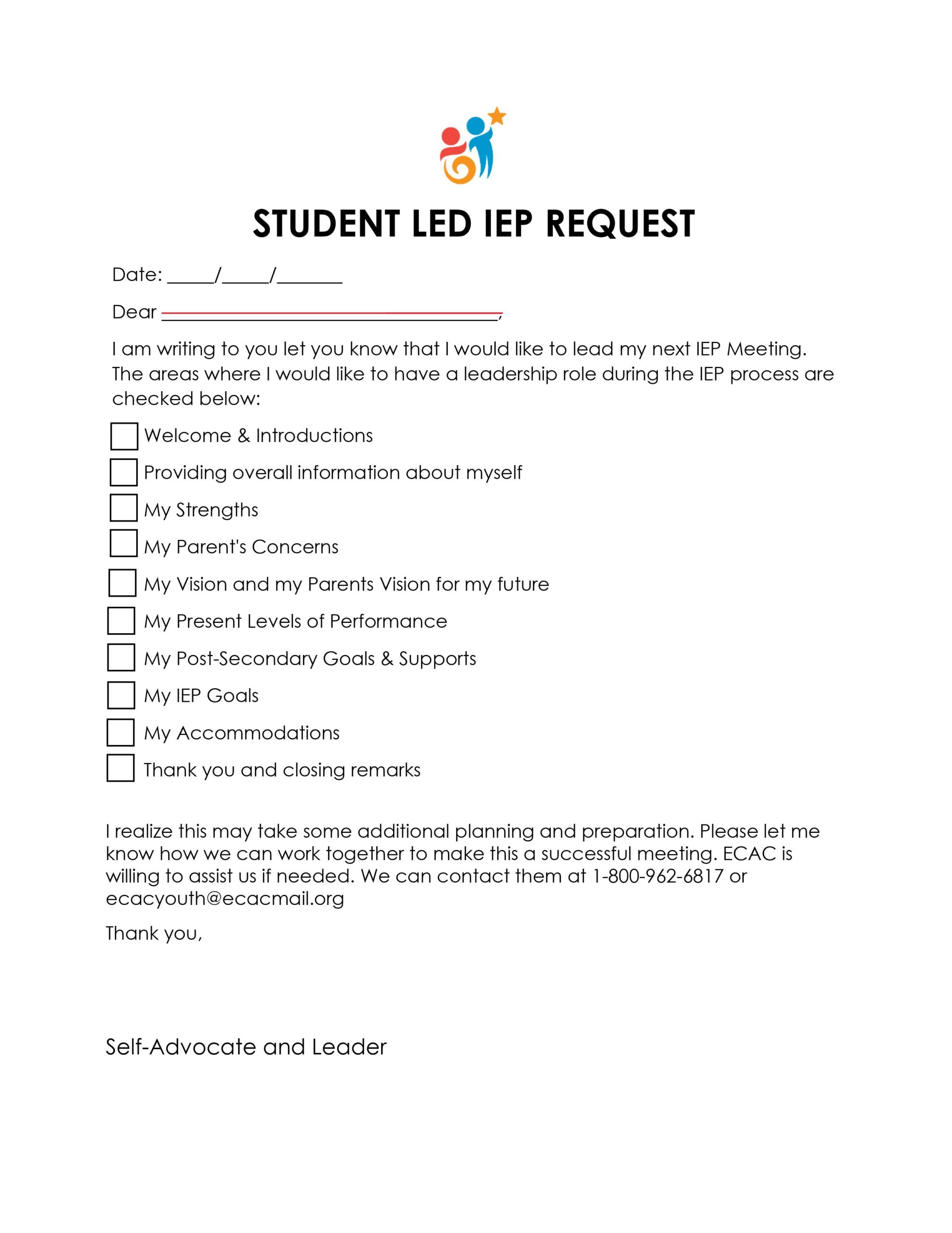 Image of the first page of the Student Led IEP Request form