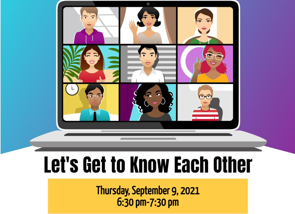 Image of 9 ethnically diverse people on a zoom call with text that reads "let's get to know each other"